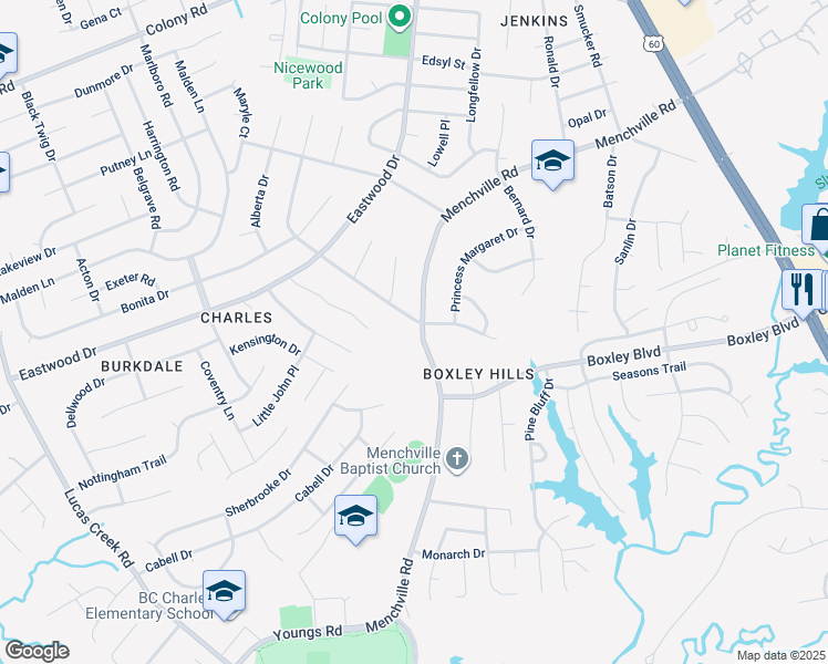 map of restaurants, bars, coffee shops, grocery stores, and more near 101 Nicewood Drive in Newport News