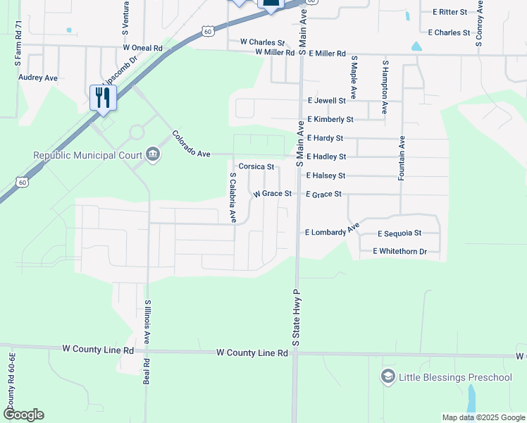 map of restaurants, bars, coffee shops, grocery stores, and more near South Rome Avenue in Republic