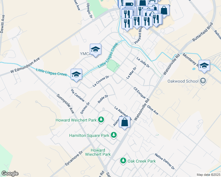 map of restaurants, bars, coffee shops, grocery stores, and more near 605 Encino Drive in Morgan Hill