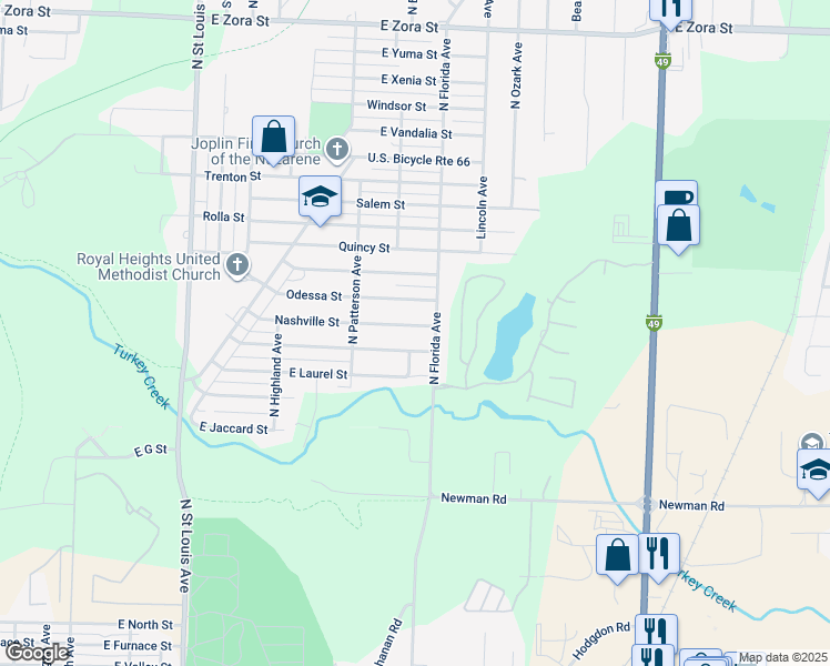 map of restaurants, bars, coffee shops, grocery stores, and more near 1506 N Florida Ave in Joplin