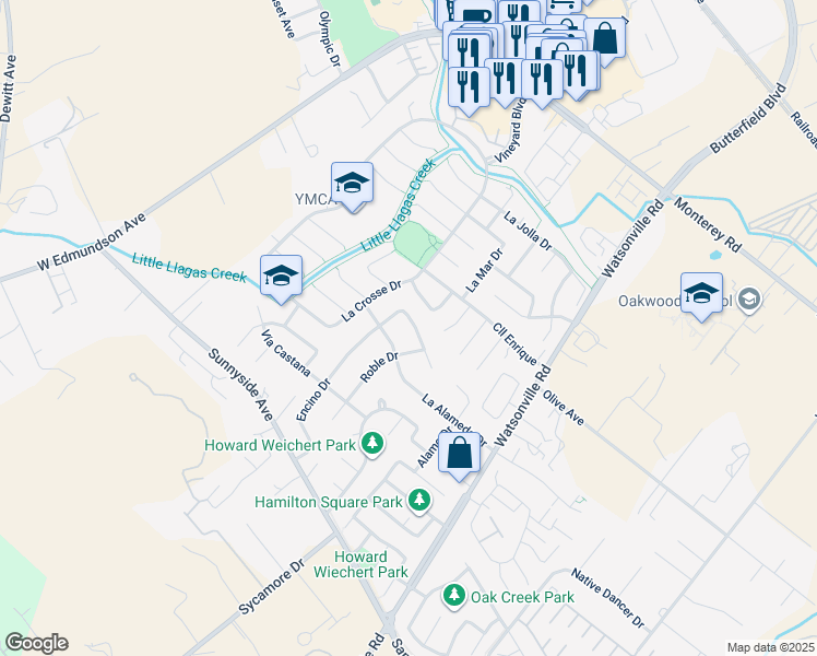 map of restaurants, bars, coffee shops, grocery stores, and more near 605 Encino Drive in Morgan Hill
