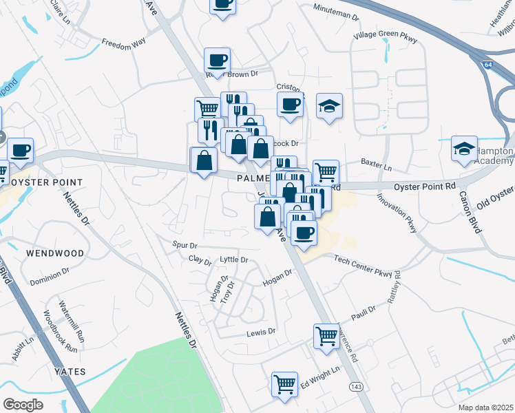map of restaurants, bars, coffee shops, grocery stores, and more near 128 Jefferson Point Lane in Newport News