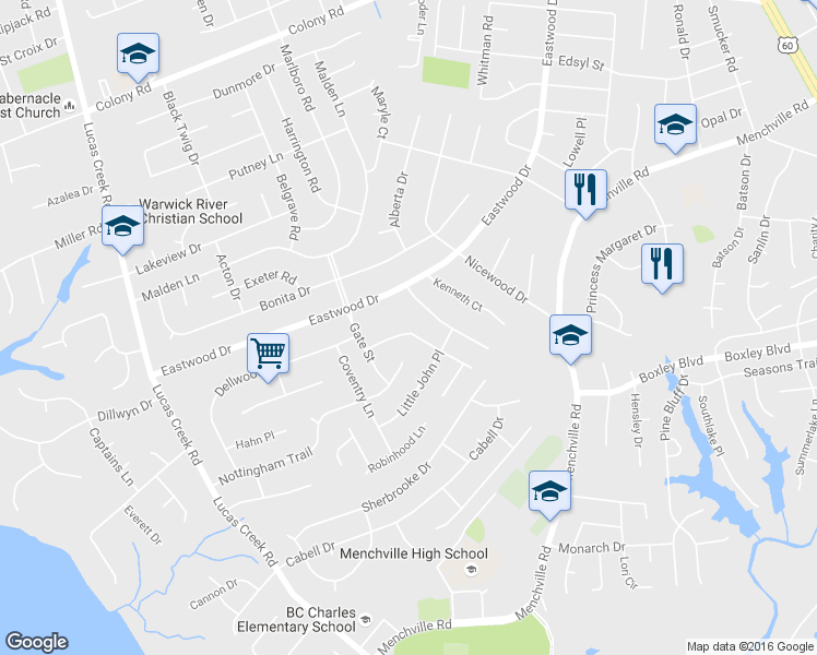 map of restaurants, bars, coffee shops, grocery stores, and more near 713 Kensington Drive in Newport News