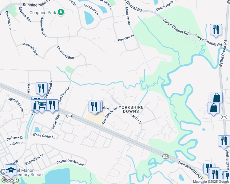 map of restaurants, bars, coffee shops, grocery stores, and more near 108 Arabian Circle in Yorktown