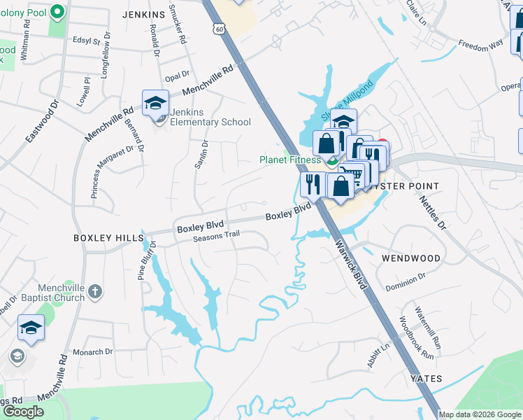 map of restaurants, bars, coffee shops, grocery stores, and more near 337 Windy Ridge Lane in Newport News