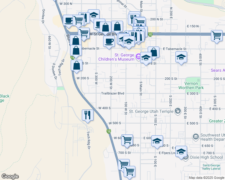 map of restaurants, bars, coffee shops, grocery stores, and more near 253 South 200 West in St. George