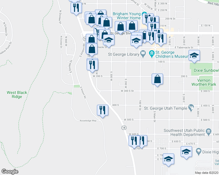 map of restaurants, bars, coffee shops, grocery stores, and more near 248 South 300 West in St. George