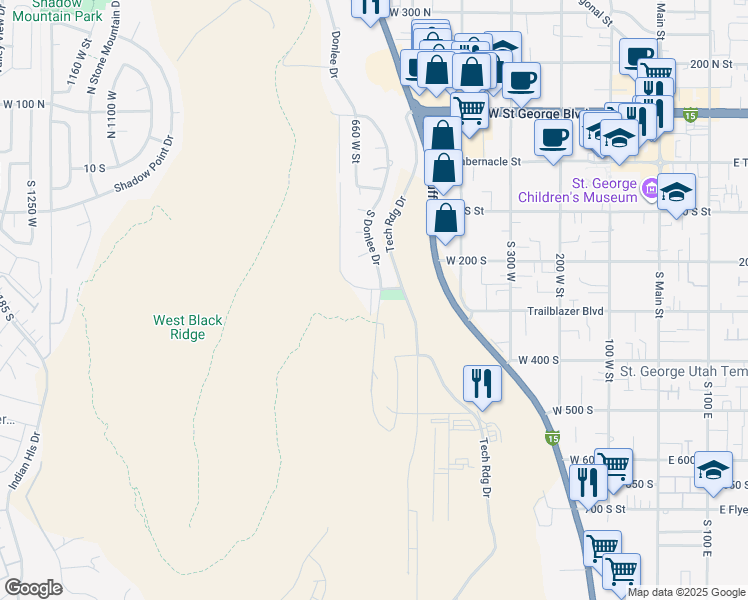 map of restaurants, bars, coffee shops, grocery stores, and more near 253 South Donlee Drive in St. George