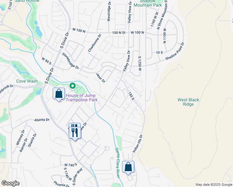 map of restaurants, bars, coffee shops, grocery stores, and more near 275 Valley View Drive in St. George