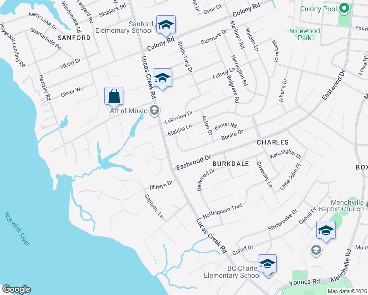 map of restaurants, bars, coffee shops, grocery stores, and more near 231 Woodbury Court in Newport News