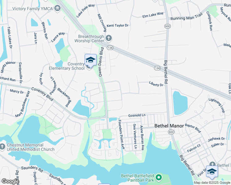 map of restaurants, bars, coffee shops, grocery stores, and more near 105 Bellows Place in Yorktown