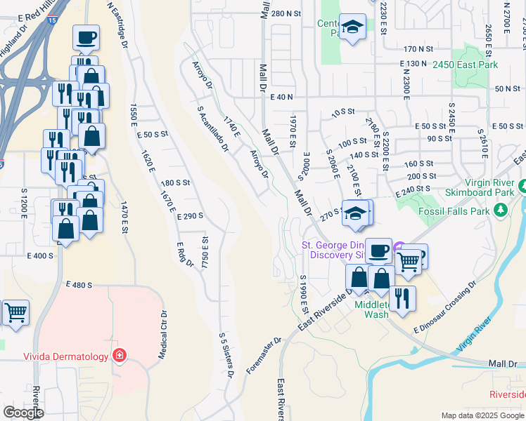map of restaurants, bars, coffee shops, grocery stores, and more near 232 South Acantilado Circle in St. George