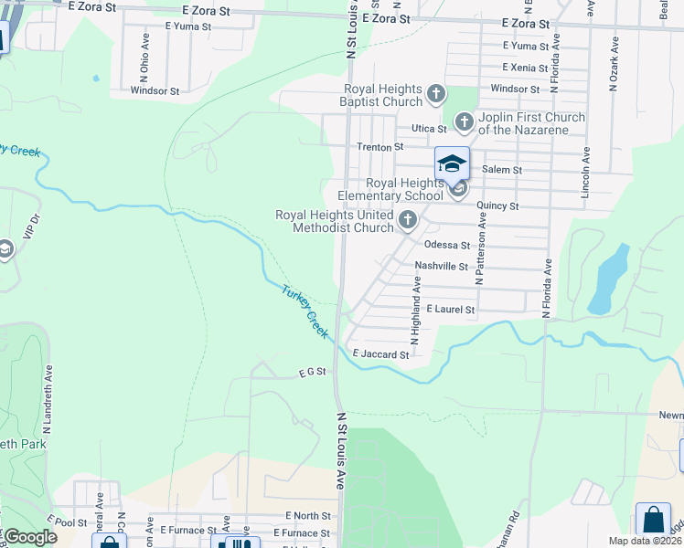 map of restaurants, bars, coffee shops, grocery stores, and more near 1355 North Saint Louis Avenue in Joplin