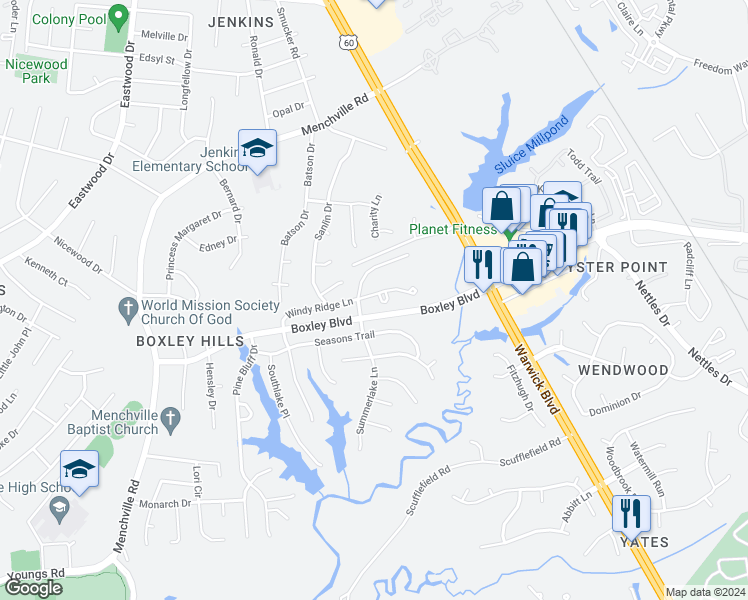 map of restaurants, bars, coffee shops, grocery stores, and more near 306 Windy Ridge Lane in Newport News