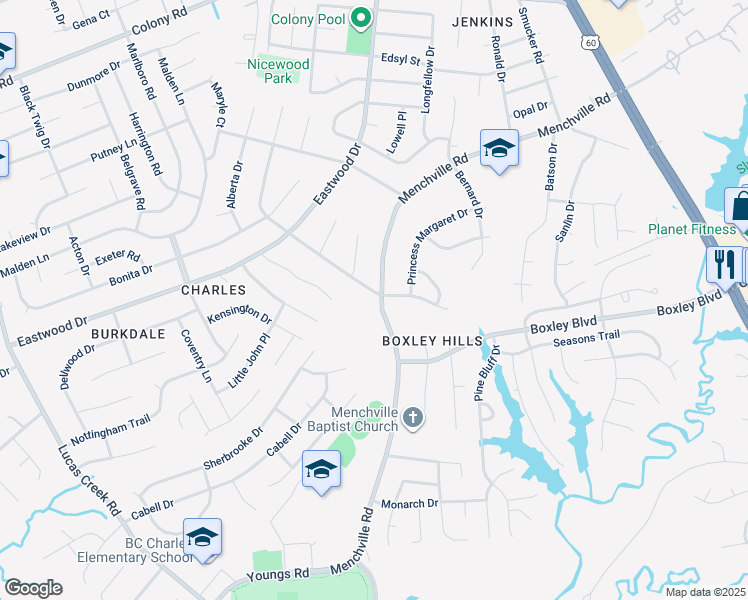 map of restaurants, bars, coffee shops, grocery stores, and more near 101 Nicewood Drive in Newport News