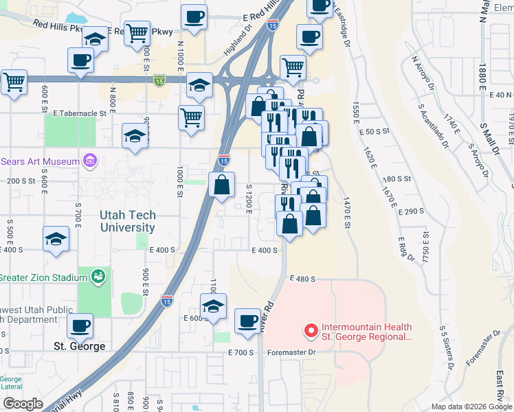 map of restaurants, bars, coffee shops, grocery stores, and more near 301 South 1200 East in St. George