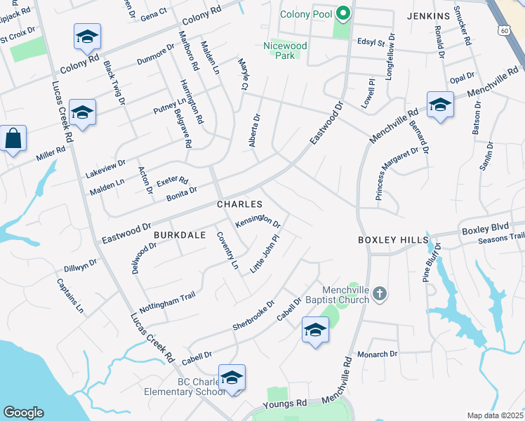 map of restaurants, bars, coffee shops, grocery stores, and more near 713 Kensington Drive in Newport News
