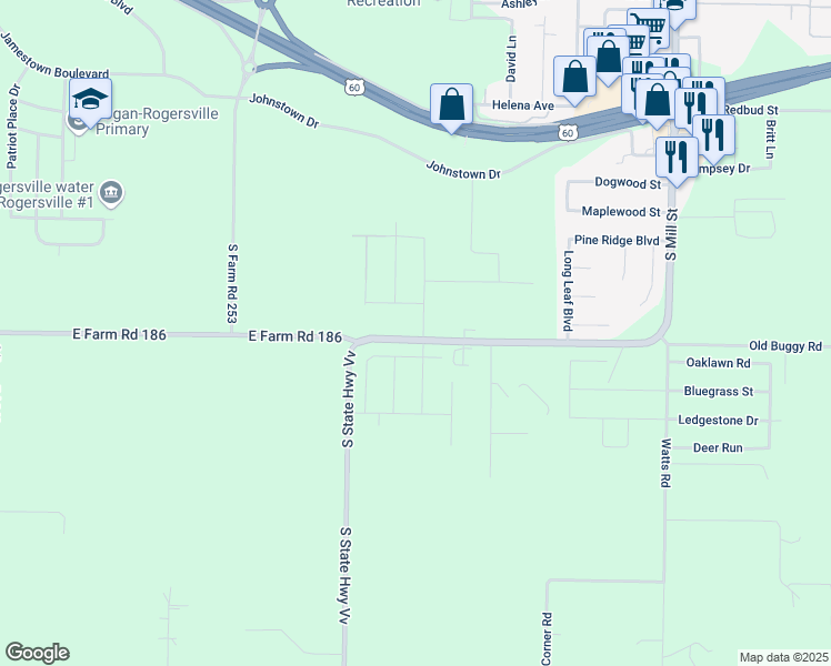 map of restaurants, bars, coffee shops, grocery stores, and more near 1094 East State Highway VV in Rogersville