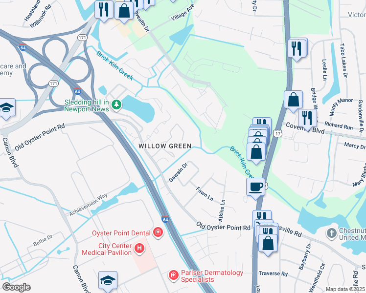 map of restaurants, bars, coffee shops, grocery stores, and more near 1116 Willow Green Drive in Newport News
