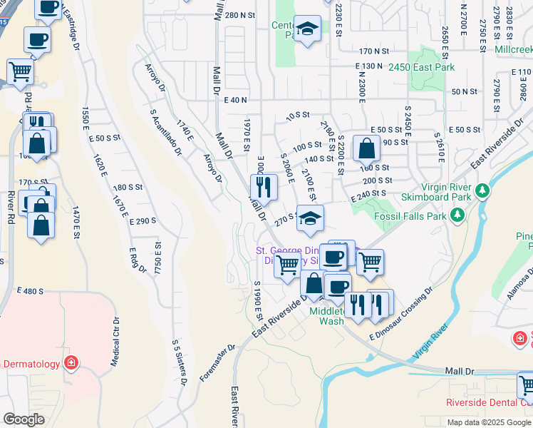 map of restaurants, bars, coffee shops, grocery stores, and more near 236 South 2020 East Circle in St. George