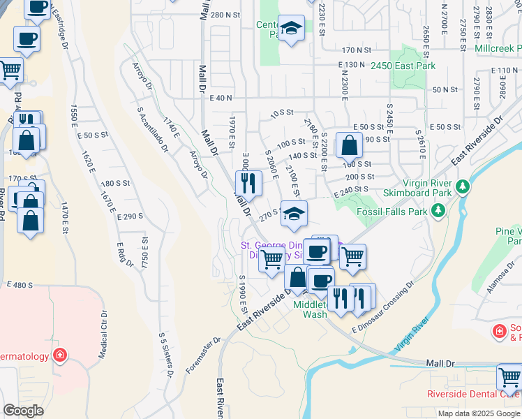 map of restaurants, bars, coffee shops, grocery stores, and more near 247 South 2020 East Circle in St. George