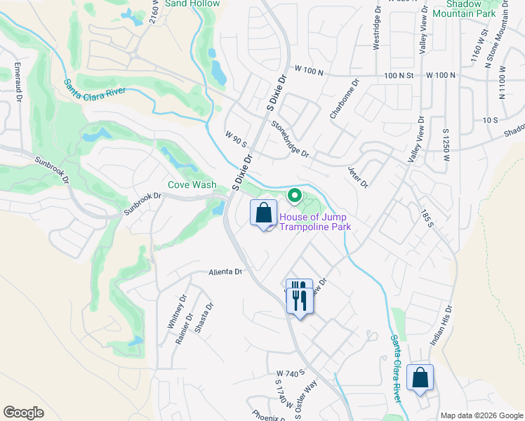 map of restaurants, bars, coffee shops, grocery stores, and more near 45 West Mathis Park Place in St. George