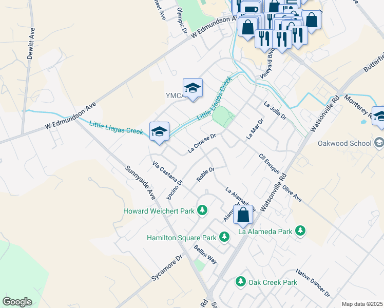 map of restaurants, bars, coffee shops, grocery stores, and more near 15645 La Mesa Court in Morgan Hill