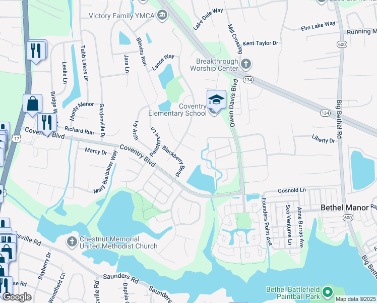 map of restaurants, bars, coffee shops, grocery stores, and more near 106 Alfred Court in Yorktown