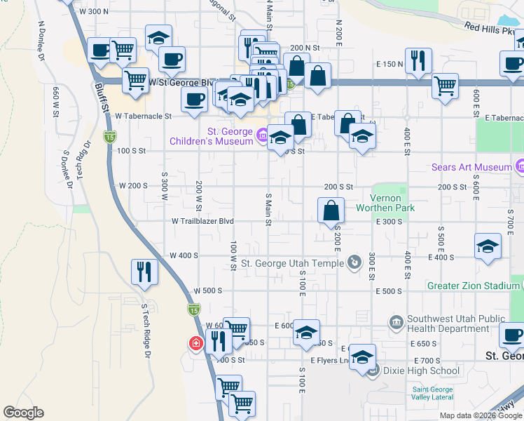 map of restaurants, bars, coffee shops, grocery stores, and more near 272 South Main Street in St. George