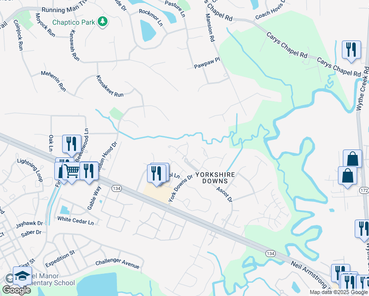 map of restaurants, bars, coffee shops, grocery stores, and more near 405 Arabian Circle in Yorktown