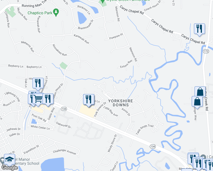 map of restaurants, bars, coffee shops, grocery stores, and more near 200 Arabian Circle in Yorktown