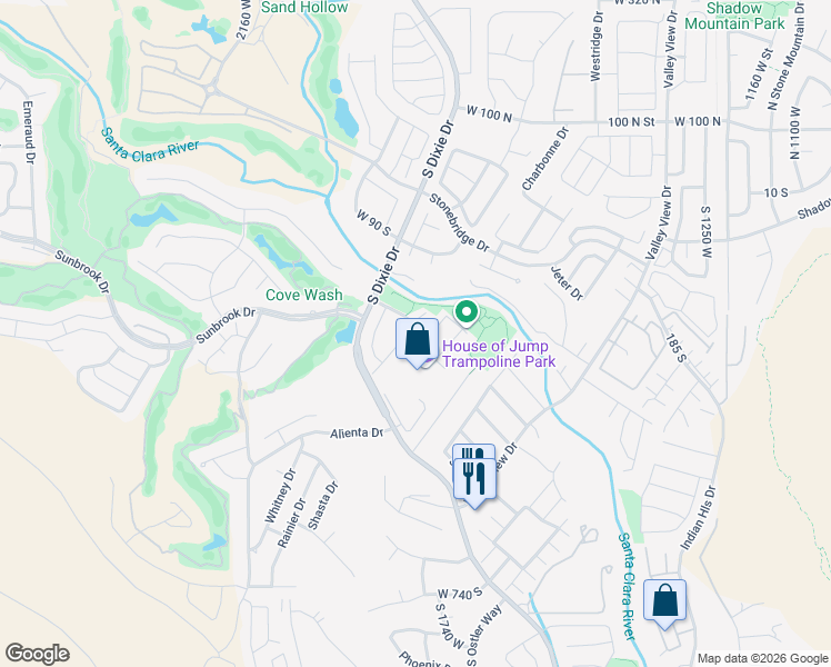 map of restaurants, bars, coffee shops, grocery stores, and more near 45 West Mathis Park Place in St. George