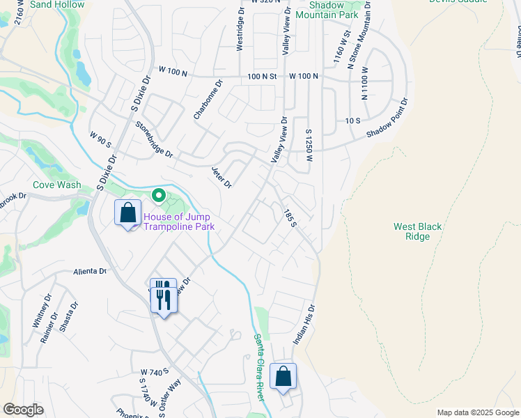 map of restaurants, bars, coffee shops, grocery stores, and more near 275 Valley View Drive in St. George