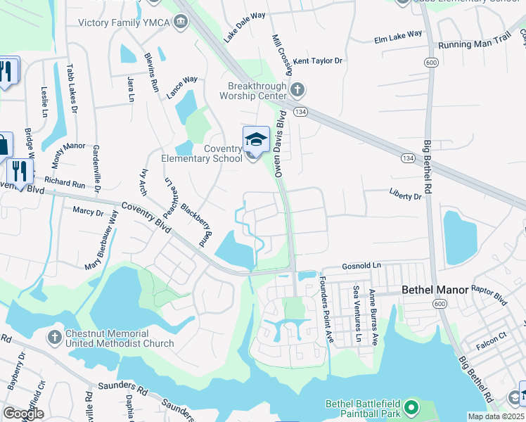 map of restaurants, bars, coffee shops, grocery stores, and more near 408 Ferguson Bend in Yorktown