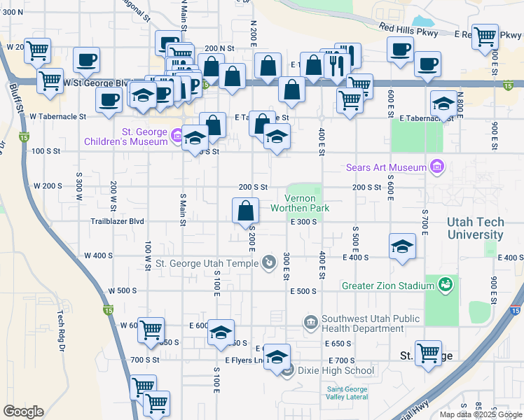 map of restaurants, bars, coffee shops, grocery stores, and more near 269 South 200 East in St. George