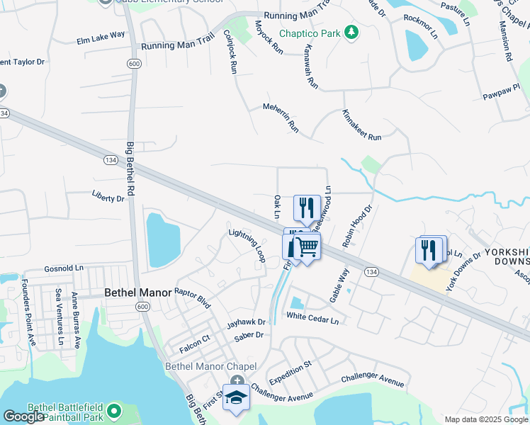 map of restaurants, bars, coffee shops, grocery stores, and more near 2641 Hampton Highway in Yorktown