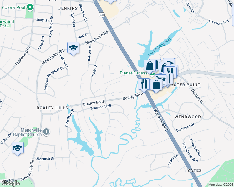 map of restaurants, bars, coffee shops, grocery stores, and more near 324 Windy Ridge Lane in Newport News