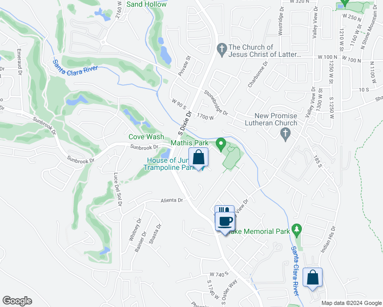 map of restaurants, bars, coffee shops, grocery stores, and more near 1825 Mathis Park Place in St. George