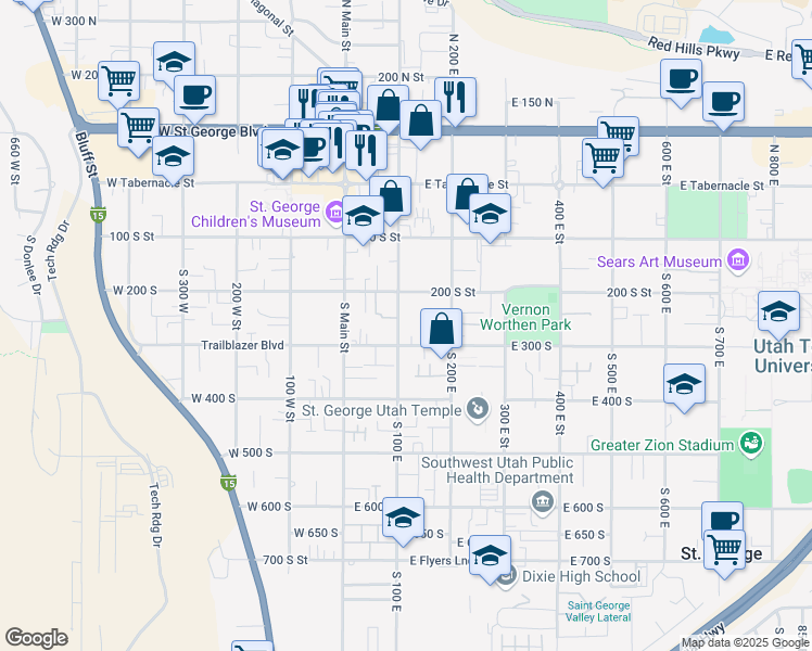 map of restaurants, bars, coffee shops, grocery stores, and more near 267 South 100 East in St. George