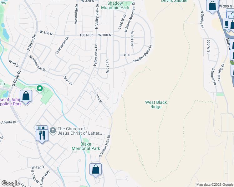 map of restaurants, bars, coffee shops, grocery stores, and more near 1210 West Indian Hills Drive in St. George