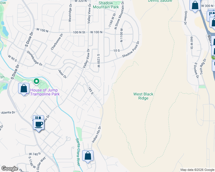 map of restaurants, bars, coffee shops, grocery stores, and more near 1210 West Indian Hills Drive in St. George