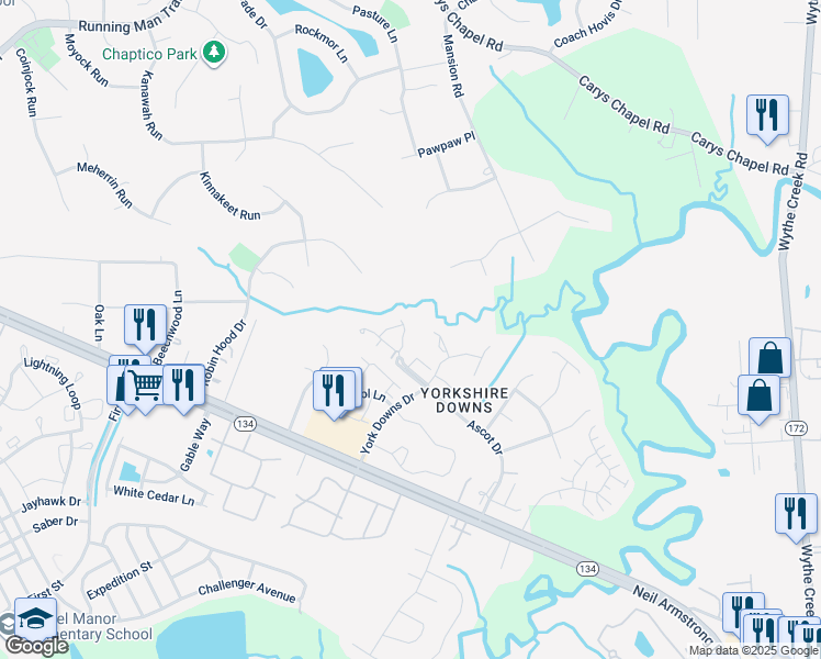 map of restaurants, bars, coffee shops, grocery stores, and more near 204 Arabian Circle in Yorktown