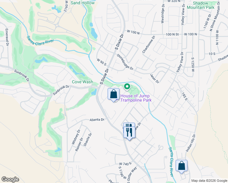 map of restaurants, bars, coffee shops, grocery stores, and more near 1825 West Mathis Park Place in St. George