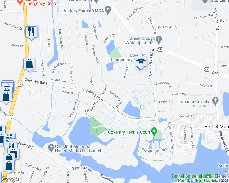 map of restaurants, bars, coffee shops, grocery stores, and more near 200 Blackberry Bend in Yorktown