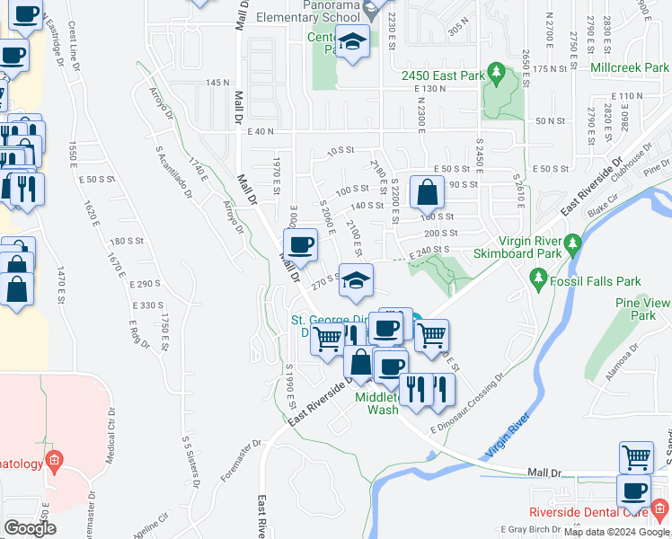 map of restaurants, bars, coffee shops, grocery stores, and more near 252 South 2060 East in St. George