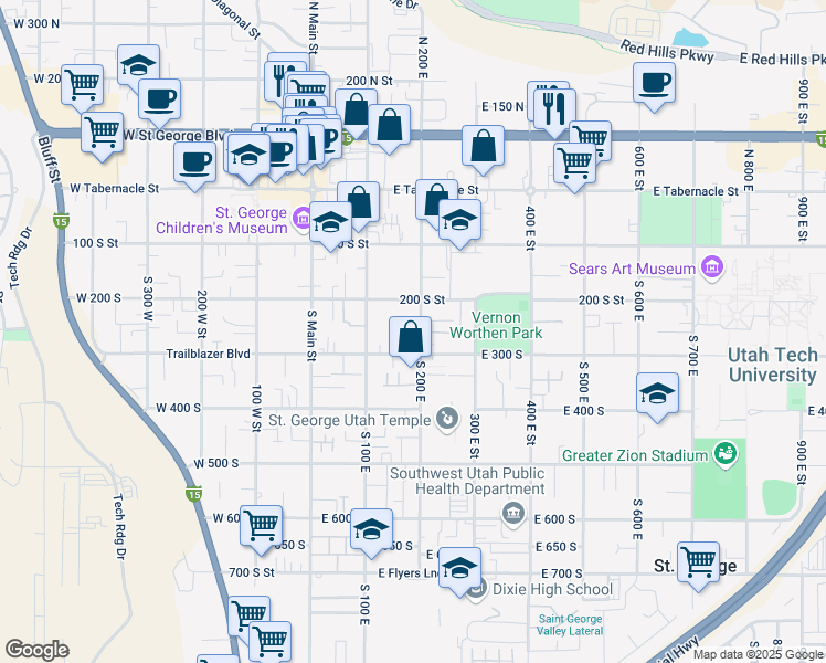 map of restaurants, bars, coffee shops, grocery stores, and more near 260 South 200 East in St. George