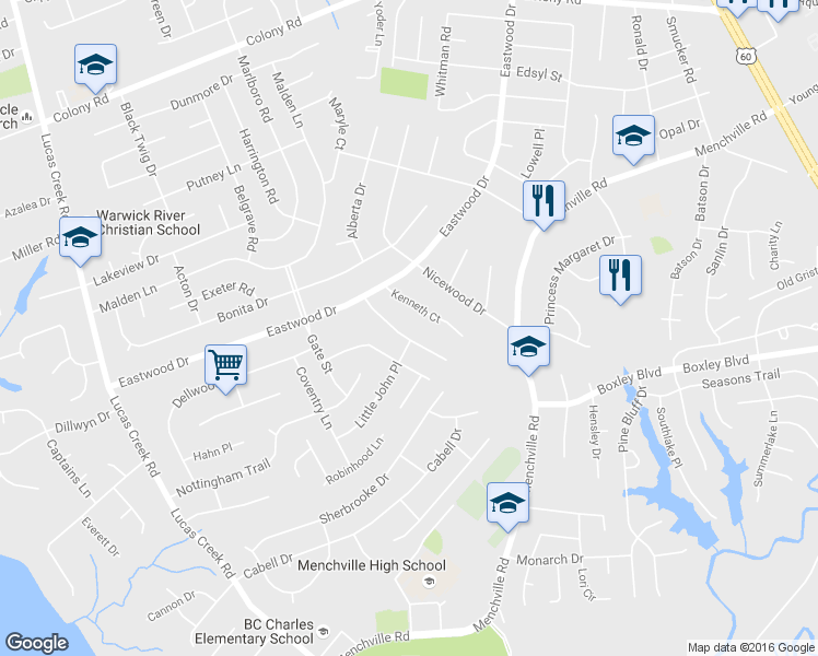 map of restaurants, bars, coffee shops, grocery stores, and more near 118 Lambert Drive in Newport News