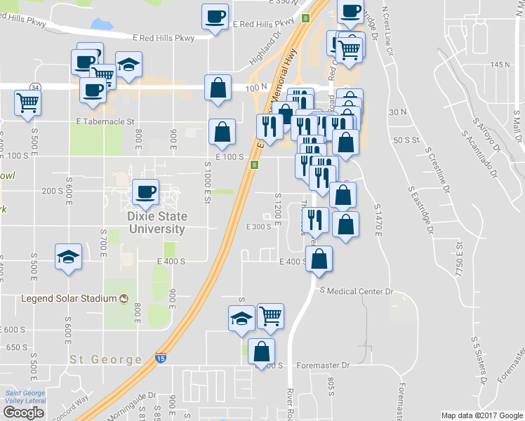 map of restaurants, bars, coffee shops, grocery stores, and more near 1136 East 200 South in St. George