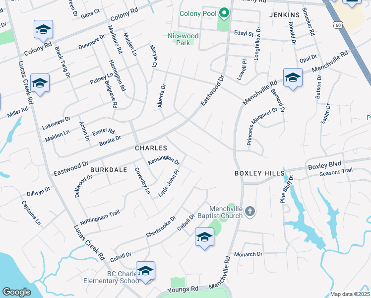 map of restaurants, bars, coffee shops, grocery stores, and more near 118 Lambert Drive in Newport News