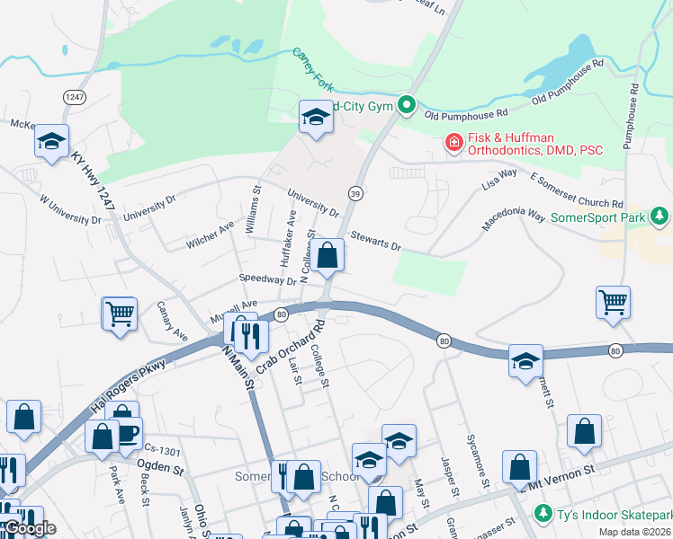 map of restaurants, bars, coffee shops, grocery stores, and more near 1-99 Christian Street in Somerset